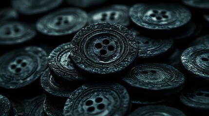 Antique buttons are beautifully arranged in a close-up shot, showcasing intricate detailing and a classic charm, set against a dark, moody backdrop creating depth.