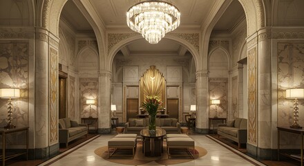 An opulent and grand hotel lobby featuring a magnificent crystal chandelier, marble interiors, and elegant Art Deco architecture