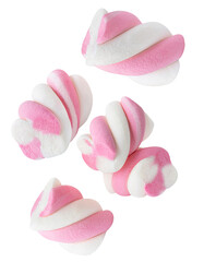 Levitating Marshmallow isolated on white background. Twisted  flying rainbow coloured marshmallow Candies