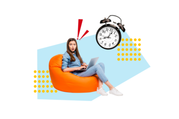 Composite trend artwork 3D sketch photo collage of copyspace clock time deadline business young lady shocked emoji type laptop sit beanbag