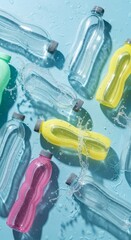 Multiple colorful reusable water bottles are a great image for ecofriendly lifestyle blog posts, social media graphics, and hydrationrelated content. Suitable for health and wellness websites.