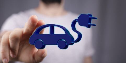 Image of a hand interacting with a 3D model of an electric car and charging plug. Perfect for EV blogs and websites.