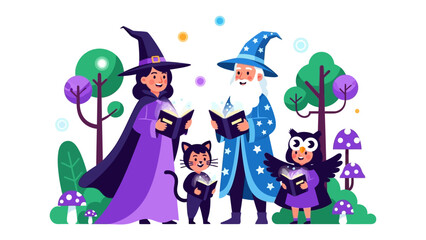 Enchanted Gathering: A charming illustration depicts a gathering of a witch, a wizard, and their animal companions, immersed in the study of ancient spell books in an idyllic forest setting.