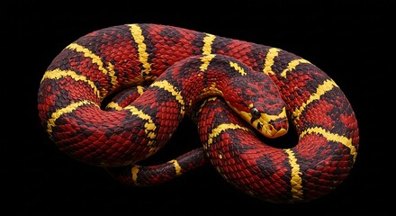 Naklejka premium Realistic Ringed Red Snake Illustration Coiled on a Contrasting Dark Background