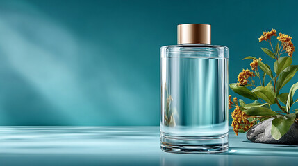 Transparent glass perfume bottle, filled with beautiful blue liquid, exudes elegant luxury. Minimalist cosmetic fragrance product conveys clean