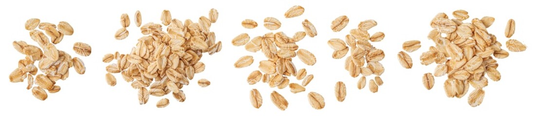 Oat flakes heap set  isolated on white background. Collection of Rolled oat flakes Top view. Flat lay. Pattern