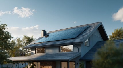 Naklejka premium Residential House with Solar Panels on Roof, Renewable Energy and Sustainable Living under Blue Sky