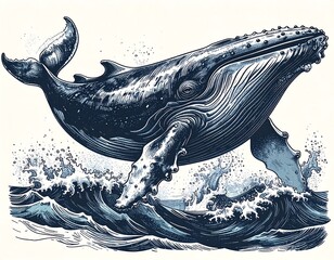 Humpback whale leaps, detailed illustration, ocean waves