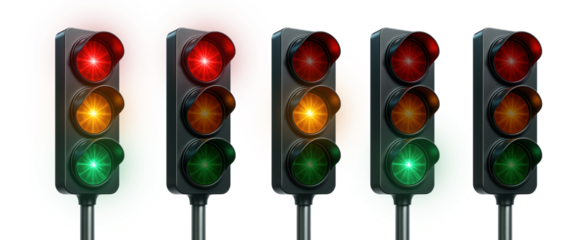 Set of isolated traffic lights with red, yellow, and green signals

Collection of traffic light variations on transparent background

Stoplight set showing red, amber, and green indicators