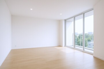 Obraz premium Bright Modern Empty Room with Large Windows and Hardwood Flooring, Ideal for Interior Design Mockups