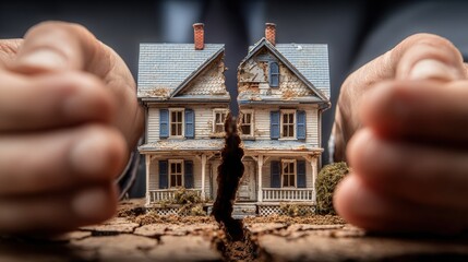 Dividing Assets: Hands Separating a Damaged Model House Representing Property Division and Marital Separation