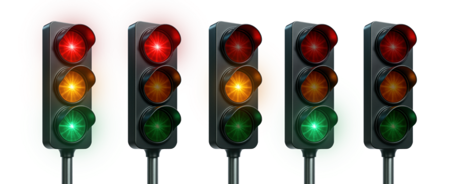 Set of isolated traffic lights with red, yellow, and green signals

Collection of traffic light variations on transparent background

Stoplight set showing red, amber, and green indicators
