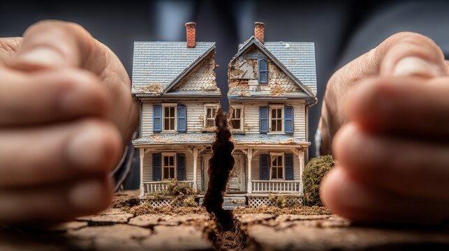 Dividing Assets: Hands Separating a Damaged Model House Representing Property Division and Marital Separation