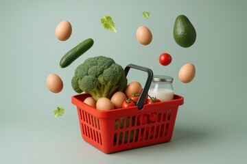 Red Basket Filled with Fresh Organic Produce, Including Broccoli, Eggs, Tomatoes, Avocado, Lettuce, and Cucumber