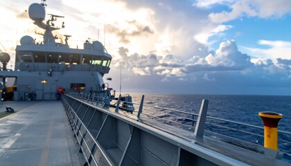 Vast sea view of a modern ship sailing under the sky