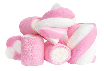 Many yummy colorful Marshmallows isolated on white background. Pile of Sugary sweet marshmallows closeup