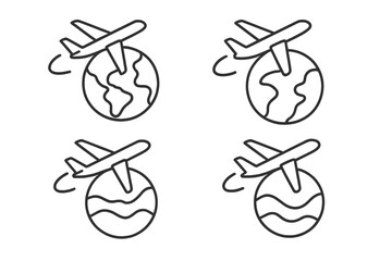 Airplane flying over planet earth. Global travel and flight icon set. World tour, international journey concept. Thin line vector illustration with editable stroke.