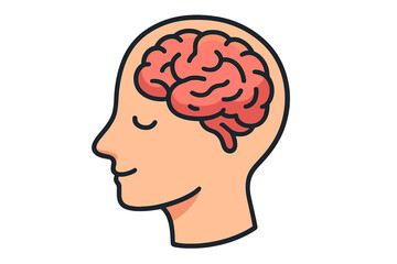 Brain in head outline icon. Symbol of mind, psychology, mental health, and neurology. Concept for thinking, intelligence, knowledge, creativity, and brainstorming. Vector cartoon.