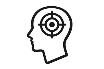 Target in human head icon. Marketing customer targeting. Psychology, mind focus, concentration, goal, aim concept. Mental health, headache, pain point metaphor vector.