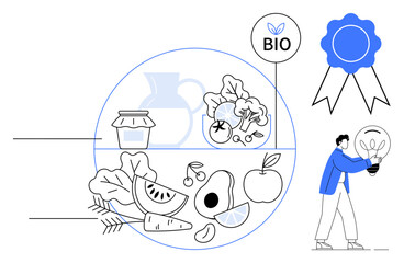 Healthy food items thumbs up fruits, vegetables, dairy, bio-certified badge, and ribbon. Man holding a plant lamp symbolizing eco-friendly living. Ideal for health, environment, farming nutrition