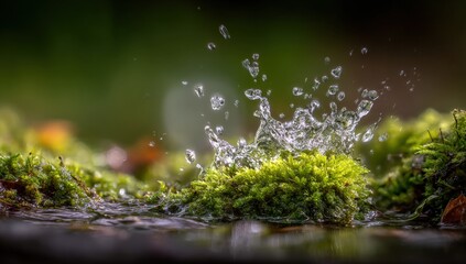 Fototapeta premium Water Droplet Splash on Moss: A Natural Display of Liquid Impact in a Forest Environment