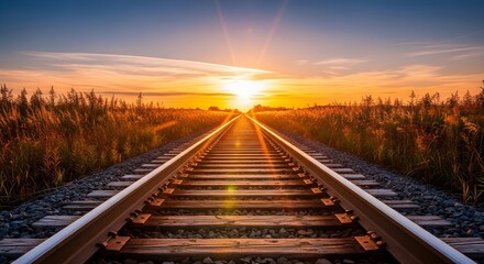 Fototapeta premium Sunset Railroad Tracks Leading to Horizon.