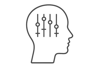 Concept of mental health and self-control. Head with equalizer sliders inside. Mind settings, mood regulation, and emotional balance. Psychology and mindset tuning vector icon.