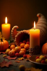 Festive autumn centerpiece with a traditional cornucopia horn of plenty, warm glowing candles, and seasonal harvest fruits on a dark rustic table