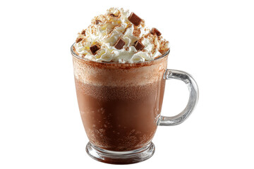 Christmas hot chocolate cocoa drink in glass cup whipped cream PNG, cutout isolated on white background. Festive warm winter holiday season drink