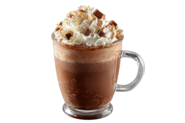 Christmas hot chocolate cocoa drink in glass cup whipped cream PNG, cutout isolated on white background. Festive warm winter holiday season drink