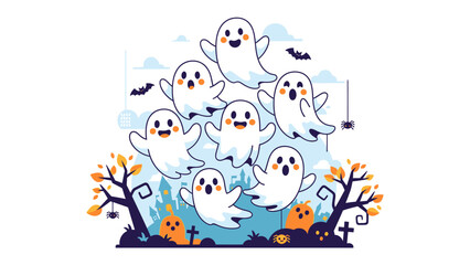 Spirited Halloween Gathering: A cheerful gathering of spectral figures floats amidst spooky scenery, with smiling expressions and playful antics, representing the playful spirit of Halloween.