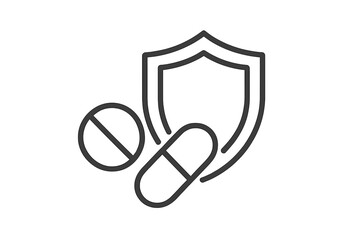 Medical shield with pills and capsule. Immune system protection icon. Health defense concept. Pharmacy drug, supplement, vitamin, and antibiotic treatment. Healthcare logo.