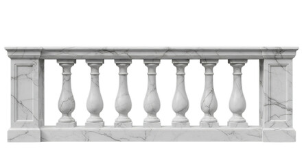 Front view of a luxurious classic white marble balustrade. An ornate stone banister perfect for architectural design, isolated on a seamless white background
