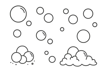 Bubble and foam editable stroke line icon set. Vector cartoon illustration of soap suds, water pop, fizzy drink bubbles. Simple minimal outline drawing for cleaning and washing concepts.
