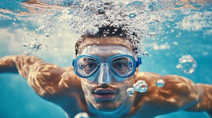 A photo-realistic image of a swimmer in goggles practicing underwater with bubbles rising, showcasing strength and determination.