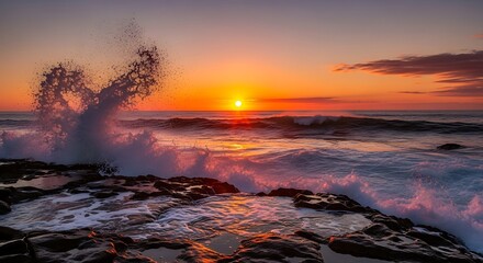 Dramatic ocean waves crashing against rocks at sunrise, showcasing vibrant colors and a powerful display of nature's energy.