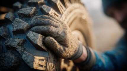Close-Up of Hand on Muddy Tire: Automotive, Off-Roading, and Maintenance Concept for Visual Storytelling