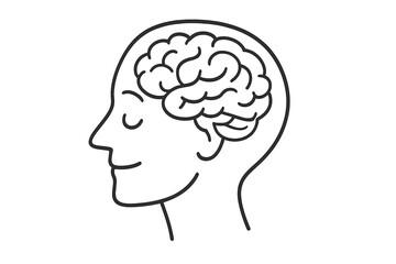 Mental health and mindfulness concept. Human head profile with brain line icon. Psychology, thinking, intelligence and knowledge symbol. Calm mind, peace and emotional wellbeing.