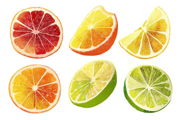Citrus fruit wheel slices of grapefruit, orange, lemon, lime PNG set, cutout isolated on transparent background. Fresh drink garnish decoration graphic resource
