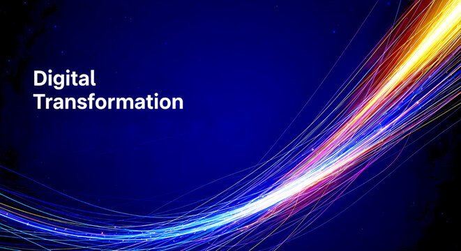 Digital Transformation Text Over Abstract Swirling Light Streaks Background image photo
