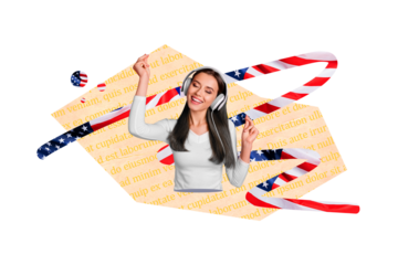 Composite collage image of funny girl headphones music national independence america day fourth july concept fantasy billboard comics zine