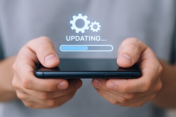 Updating Software on Mobile Phone: Man Holding Device with Progress Bar Displayed, High-Tech Concept