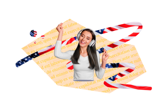 Composite collage image of funny girl headphones music national independence america day fourth july concept fantasy billboard comics zine