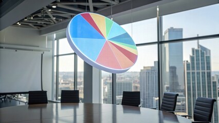 A modern conference room featuring a large, colorful pie chart display, with a city skyline visible through expansive windows.