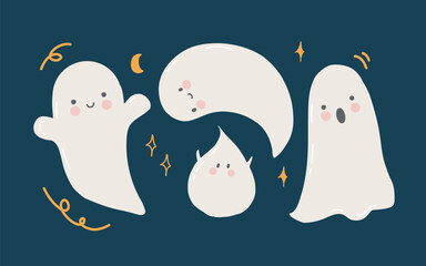 Set of cute funny ghosts and stars on the theme of childrens Halloween. Vector flat illustrations, hand drawn in cartoon style. Halloween party. Clipart for children.
