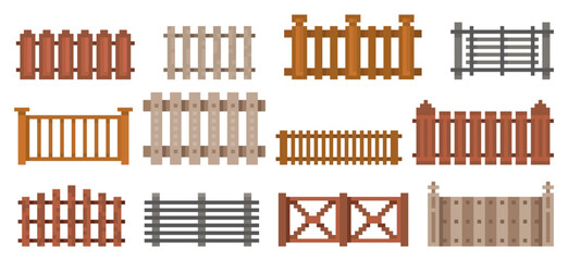 Pixel wooden fences. Retro video game assets, country and farm locations elements, 8 bit graphics, village barrier segments. Different types yard railings. Qualitative vector isolated set
