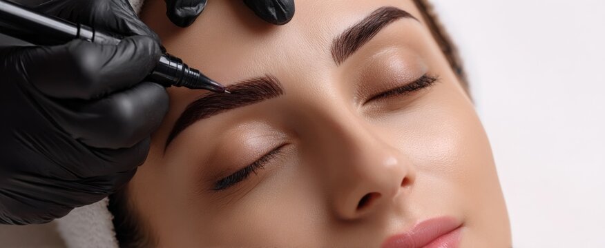Eyebrow Microblading Procedure: Close-Up of a Woman Receiving Permanent Makeup for Enhanced Beauty and Facial Aesthetics
