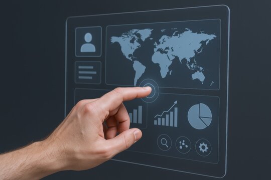 Hand Touching Interactive Transparent Screen Displaying World Map, Profile and Business Data Analytics Charts
