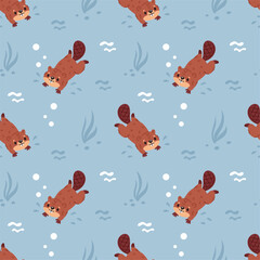 Cute floating beavers seamless pattern. Funny cartoon wild animals, water brown rodents, builders of natural dams. Textile, wrapping paper, wallpaper. Print for fabric garish vector background © YummyBuum