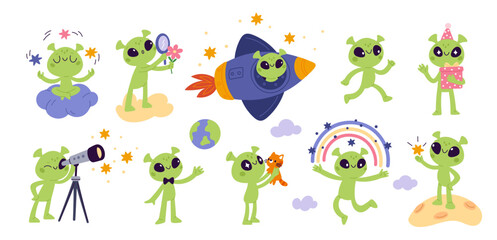 Obraz premium Cartoon green aliens characters. Funny little humanoids, different poses and actions, kids cute smiling mascot, ufo people, fictional monster creatures stickers, garish vector isolated set